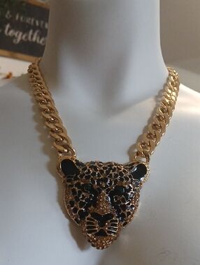 NATASHA Gold and Black Green Eyed Leopard Head Pendant Chunky Necklace